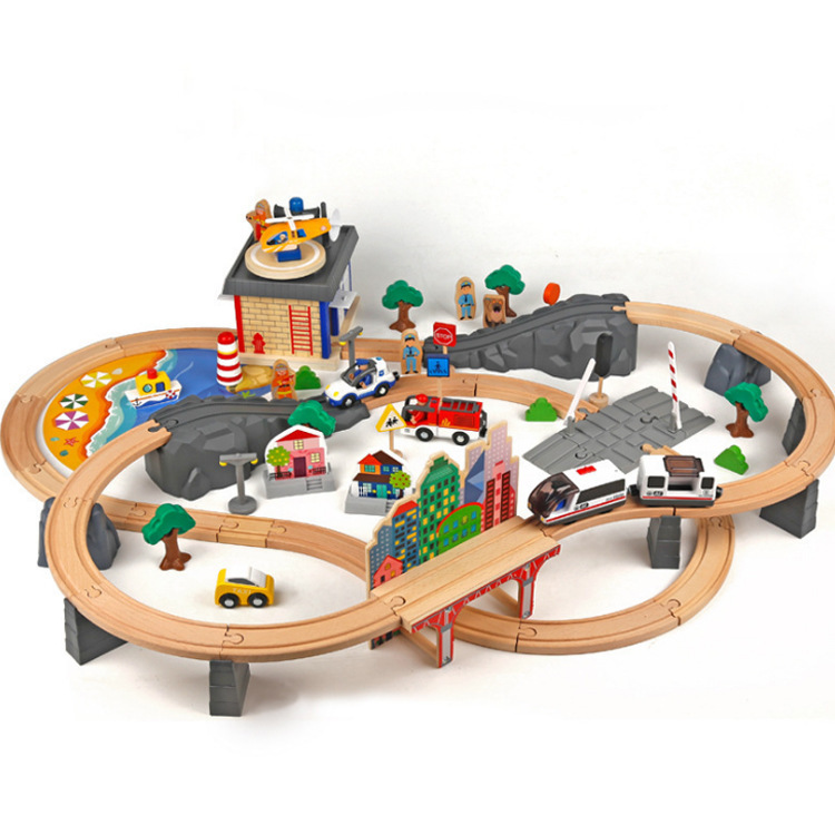 Pista de tren de madera para niños cabeza de coche eléctrico magnético 92 piezas traje de pista de tren de policía de bomberos