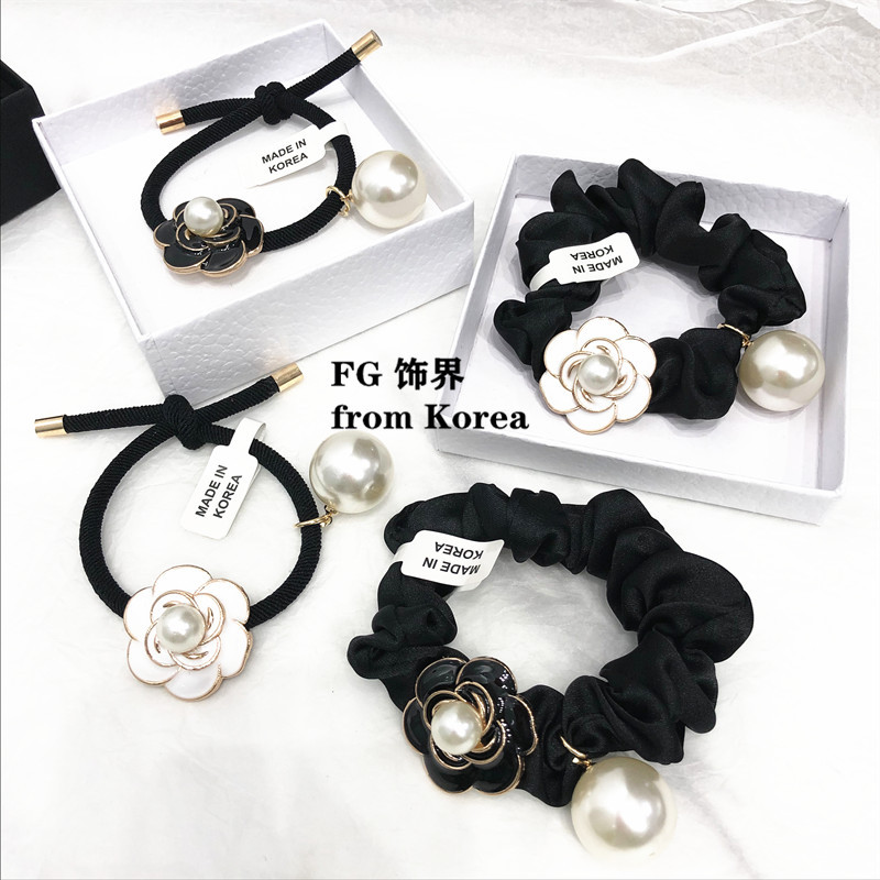 Estilo coreano gasa accesorios para el cabello elegante estilo francés estilo Chanel Camellia Perla intestino grueso banda para el cabello lazo de pelo cuerda banda de goma