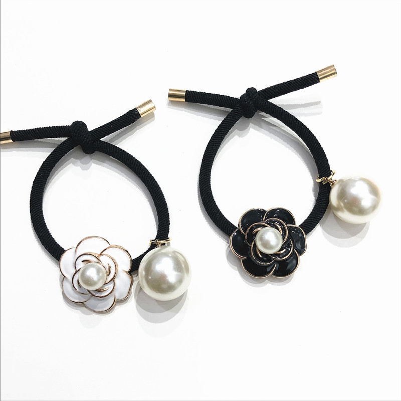 Estilo coreano gasa accesorios para el cabello elegante estilo francés estilo Chanel Camellia Perla intestino grueso banda para el cabello lazo de pelo cuerda banda de goma