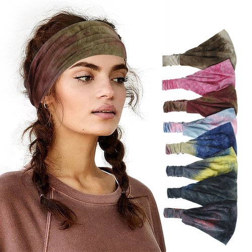 European and American new yoga hairbands, sports and fitness elastic headbands, elastic tie-dye wide hairbands, women's hair accessories