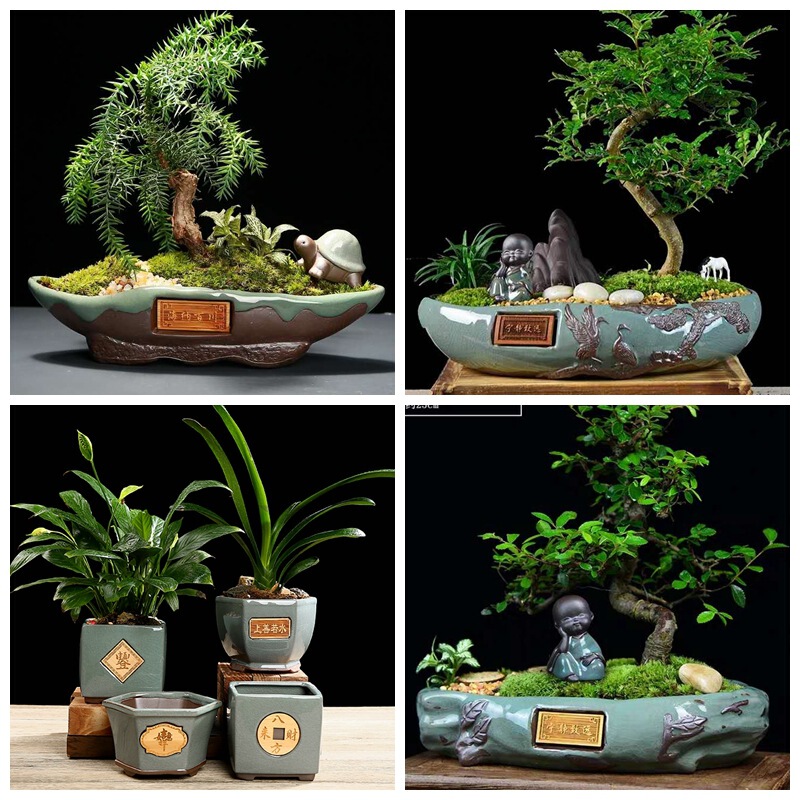 Ge Kiln Green plant flower pot creative ceramic flower pot simple personality succulent purple sand retro stoneware plain pot wholesale