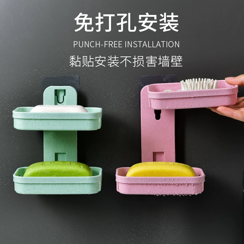 Мыльница без сверления, слив для ванной комнаты, креативная настенная мыльница, стеллаж для хранения в ванной комнате, двухслойная мыльница на присоске.