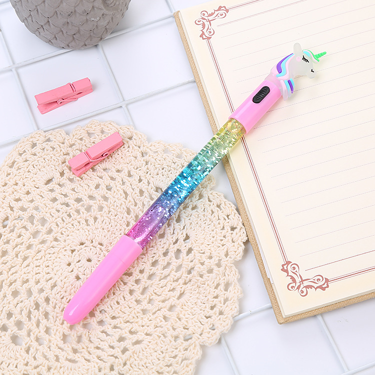 Pluma de gel de arena movediza de hadas unicornio con luz creativa luminosa aceite arena movediza pluma de agua lindo estudiante papelería