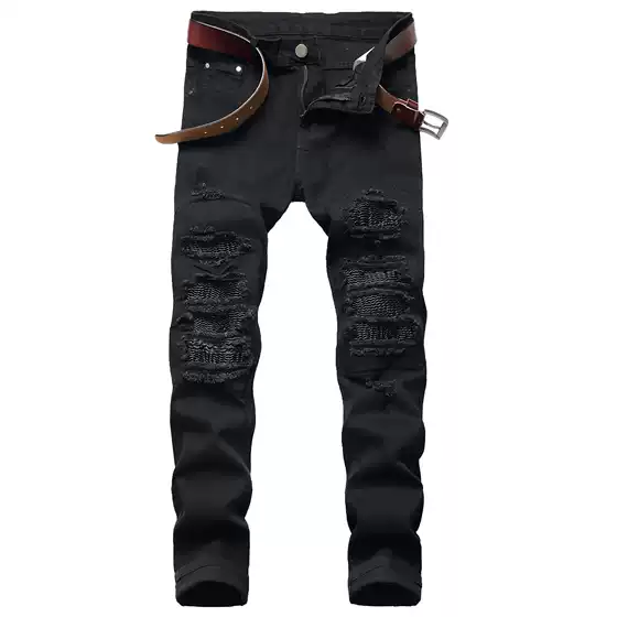 Cross-border Amazon wish foreign trade jeans men's ripped European and American fashion small straight-legged men's jeans tide pants