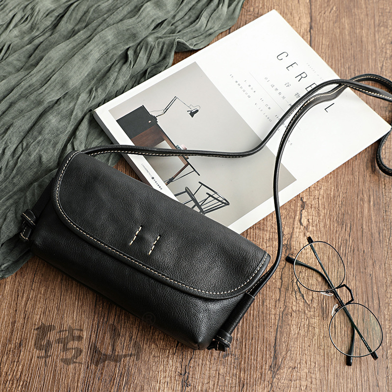 Zhuan Mountain Genuine Leather Women's Bag Horizontal Soft Leather Vegetable Tanned Leather Small Bag Plaster Bark Vintage Literary Style Shoulder Bag 19001
