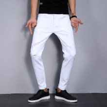 热卖跨境男士牛仔裤白色棉弹四季款韩版潮流破洞修身牛仔裤男小脚