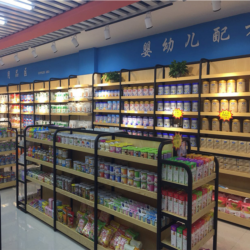 超市母婴货架 孕婴店奶粉纸尿裤货架 儿童玩具辅食钢木结构展示架