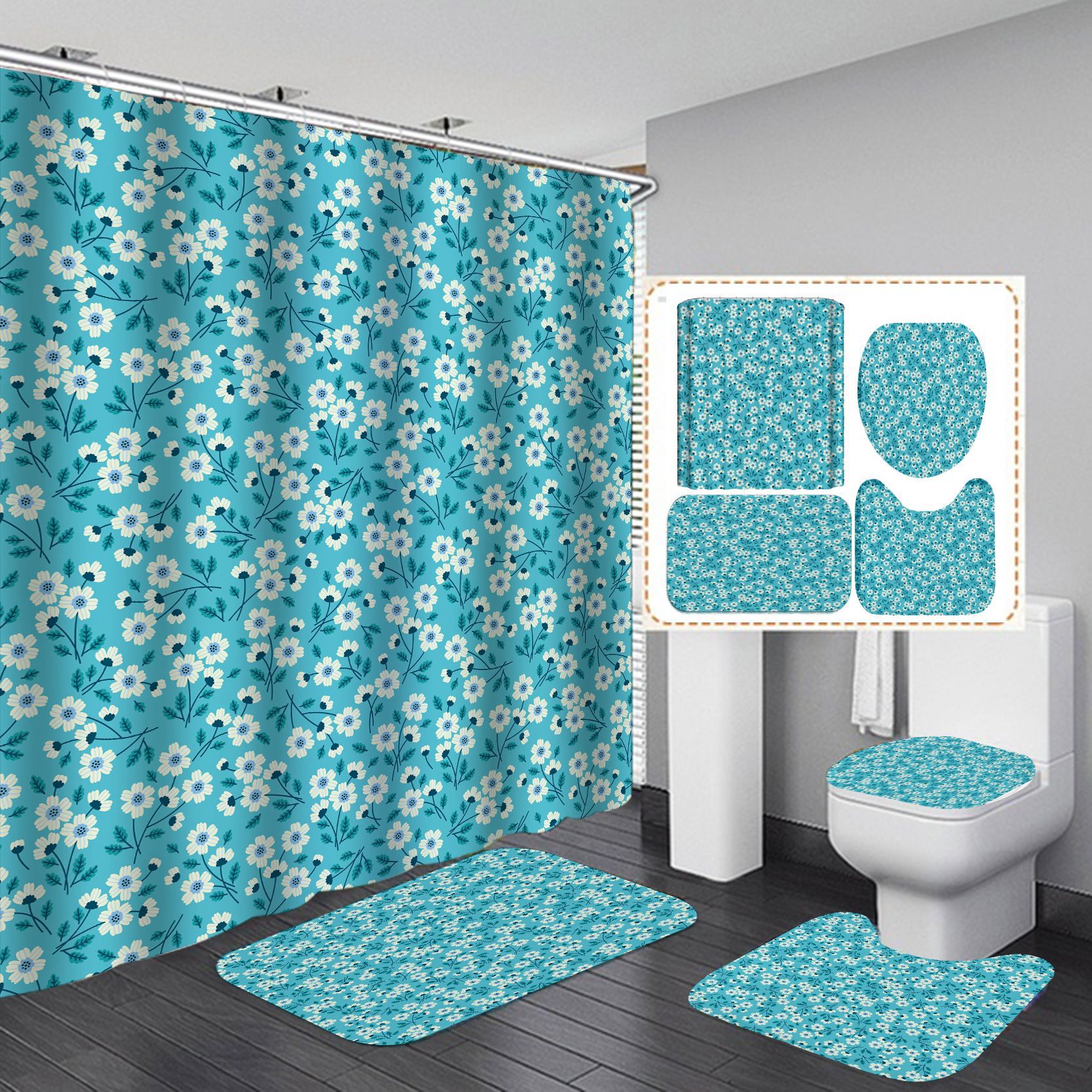 Transfronterizo Comercio electrónico caliente HD Impresión digital poliéster impermeable pequeño floral baño Hotel ducha cortina fábrica suministro directo