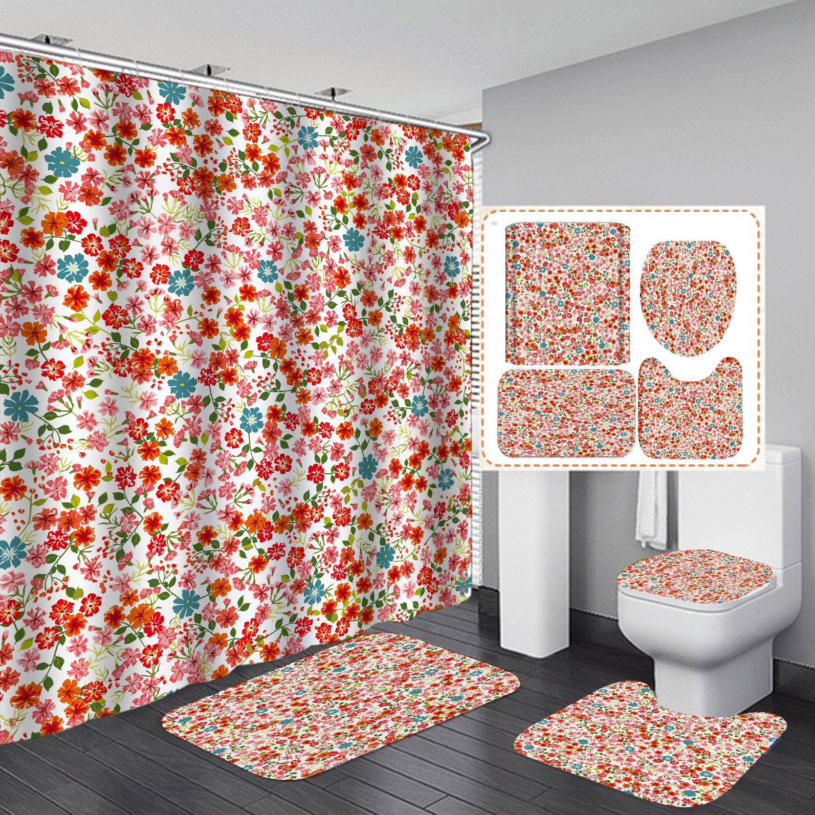 Transfronterizo Comercio electrónico caliente HD Impresión digital poliéster impermeable pequeño floral baño Hotel ducha cortina fábrica suministro directo