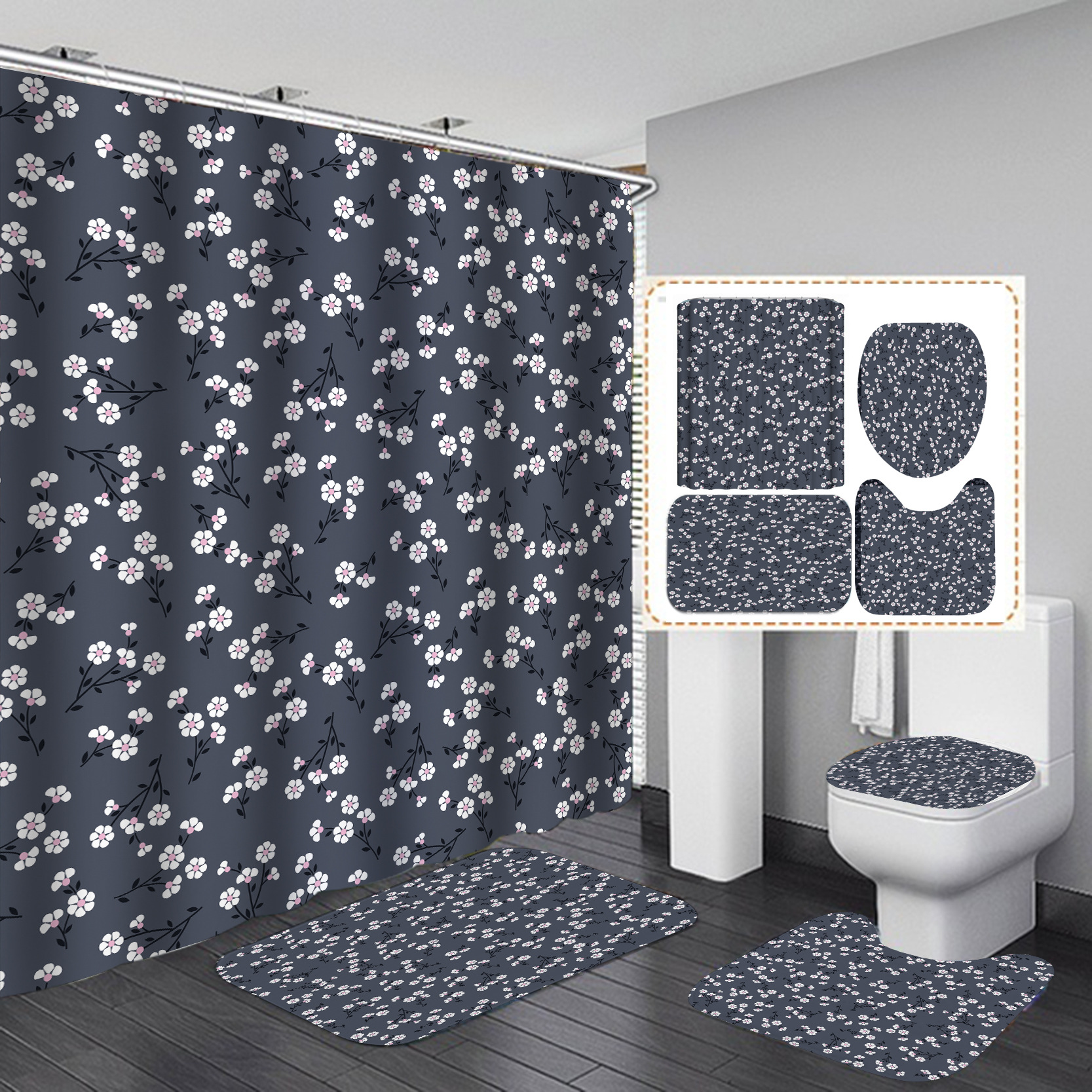Transfronterizo Comercio electrónico caliente HD Impresión digital poliéster impermeable pequeño floral baño Hotel ducha cortina fábrica suministro directo