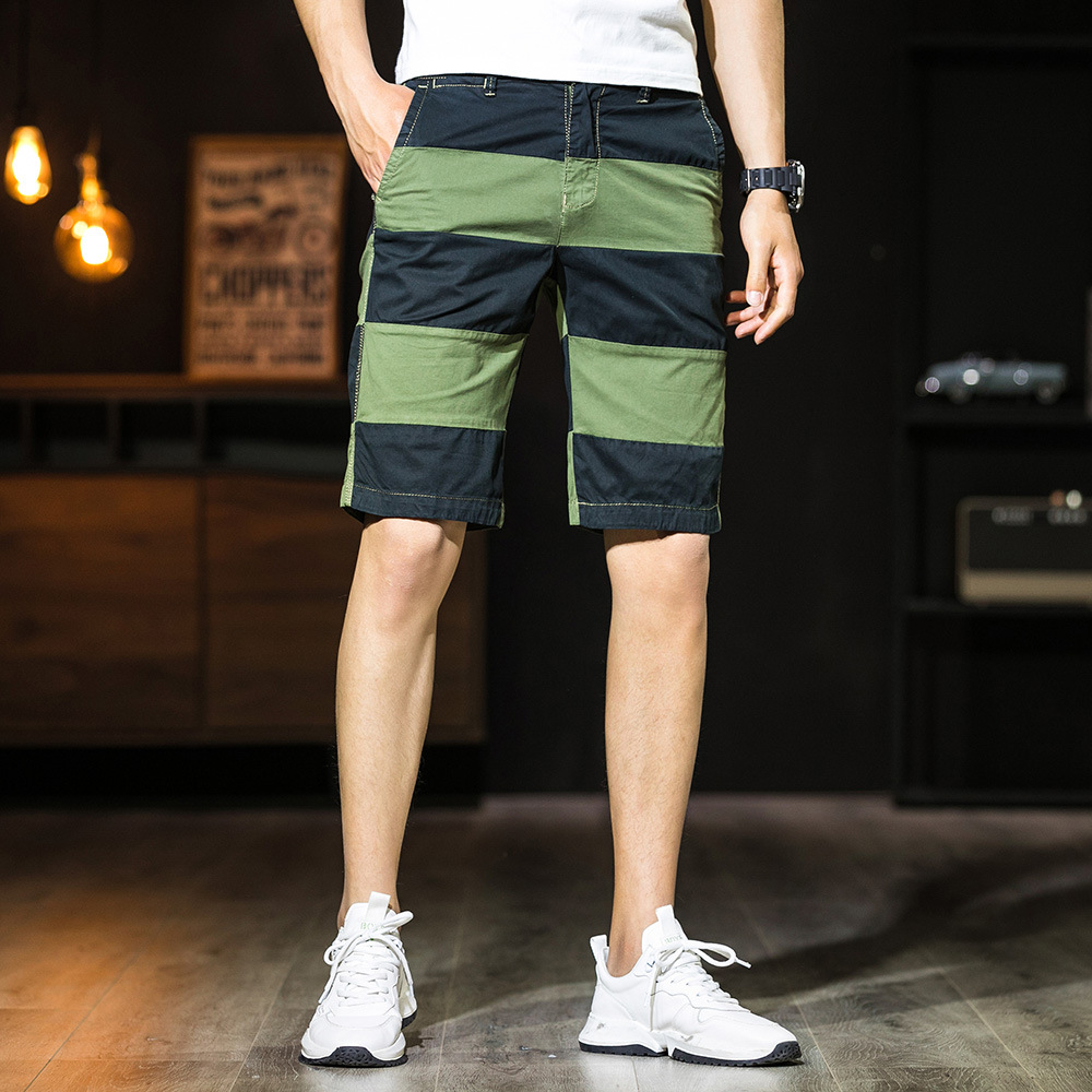 Men's Summer Street Fashion Personality Stitching Cotton Shorts Urban Youth Simple Joker Striped Pants Pants Wholesale