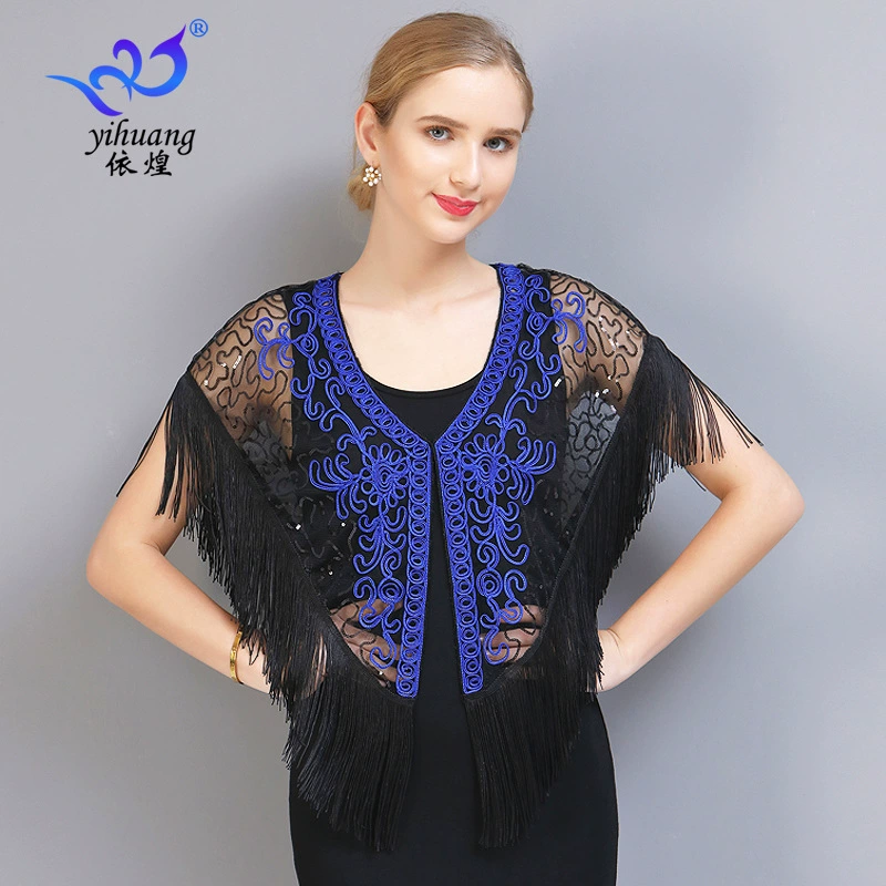 Блесток кисточкой маленькая Куртка сетка маленький кардиган вышитая шаль кисточкой Талия сетка Блесток Наложение