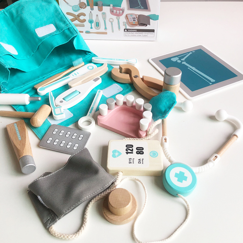 Caja de la medicina de simulación de madera para niños bebé niños y niñas jugar a casa simulación doctor inyección juguete regalo