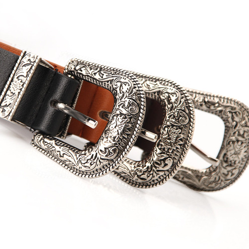 New women's belt European and American retro carved alloy buckle belt versatile jeans clothing double buckle belt factory
