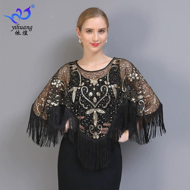 Выпускной вечер блестками плащ с кисточками сетка плечо платье для танцев платье шаль блестки комбинезон