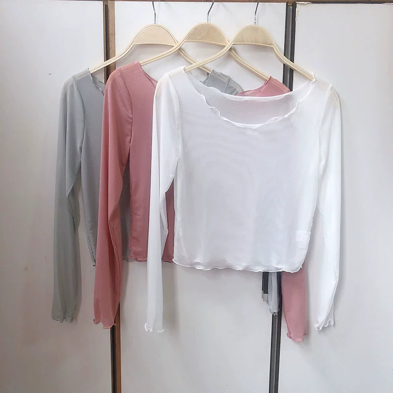 0939 # Летняя мягкая сетчатая блузка с летающим краем и рюшами на воротнике, блузка с длинными рукавами