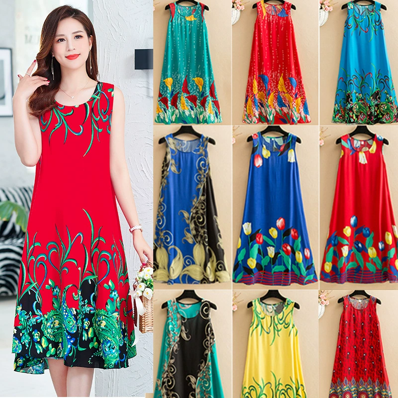 Летнее хлопковое шелковое пляжное платье 50, юбка для матери средних лет 45, 40, женский жилет без рукавов больших размеров, хлопковое шелковое платье