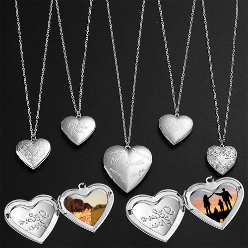Factory direct sales new carving love peach heart can open photo frame photo box photo pendant necklace women's silver plated