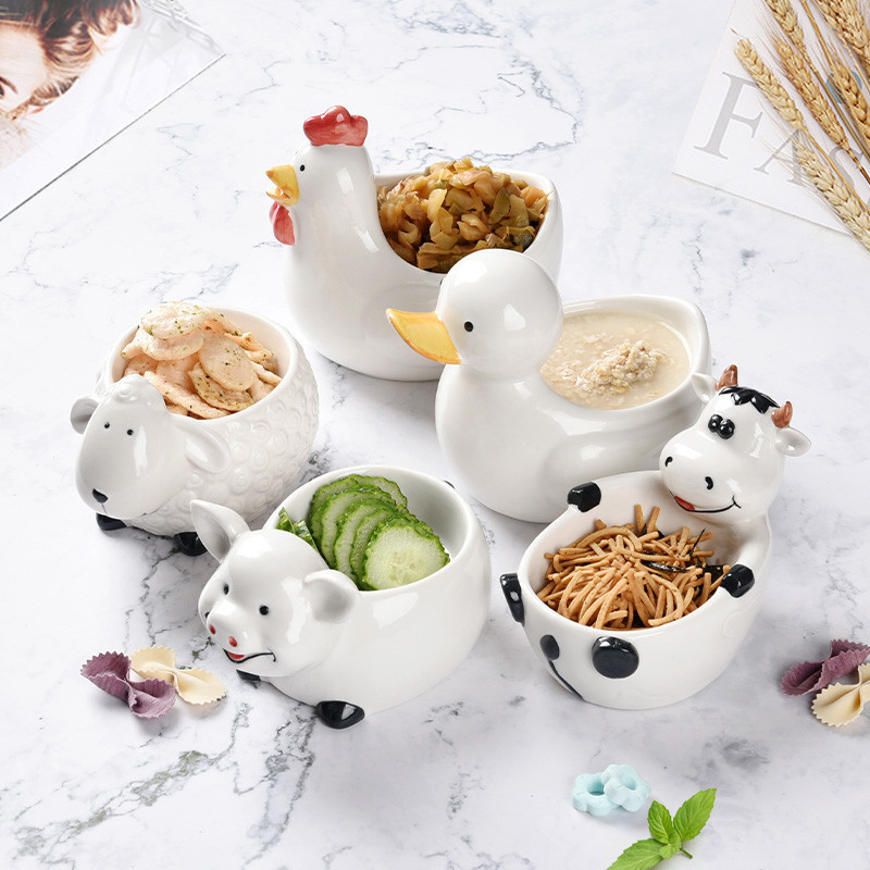 Creative Ceramic Bowl Household Tableware Set Girly Heart Q Cute Student Kidsren Single Stylish Cute Food Supplement Bowl