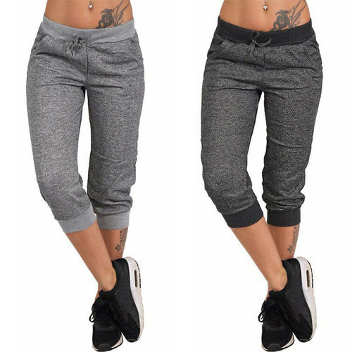 European and American Summer 7/8 Length Hemlen Pants with Elastic Band Cuffs, Sporty and Casual Women's Pants