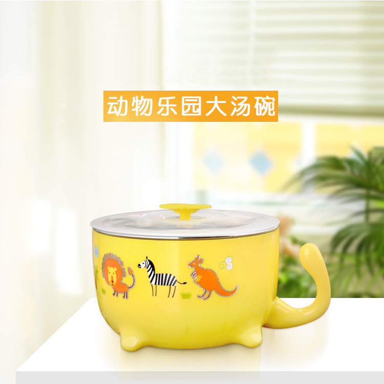Cartoon children's plastic steel tableware animal large soup bowl household 304 stainless steel drop-resistant baby rice bowl with handle