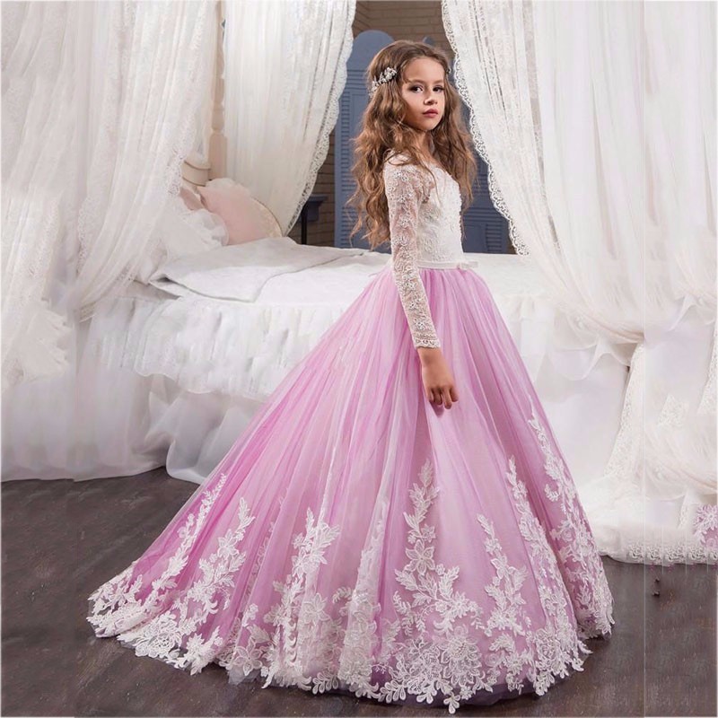 Mother & Kids Girls' Lace Wedding Dress With Long Sleeves And Short Train Style Tutu Skirt For Flower Girls【Pre-sale | Ships In 15 Days】_voghion.com