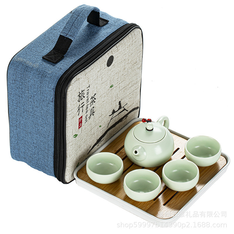 Tea Tray Gift Ding Kiln Tea Set Outdoor Travel Kung Fu Ceramic Custom Portable Bag Complete Set One Pot Four Cups