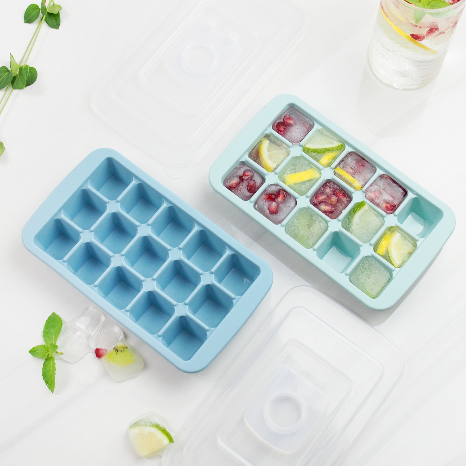 Molde americano de silicona de 15 cubos con tapa, caja para hacer hielo en refrigerador, material suave y duradero