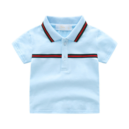 Men's Summer Short Sleeve Han Style Trendy Cotton Shirt for Children, Half-Sleeve T-Shirt for Middle and Small Children with Stand Collar