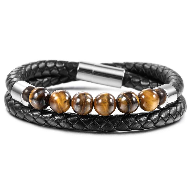 Stainless Steel Magnetic Buckle Real Leather Bracelet Factory Direct Sale 2 Circle Tiger Eye Volcanic Stone Natural Stone Leather Bracelet