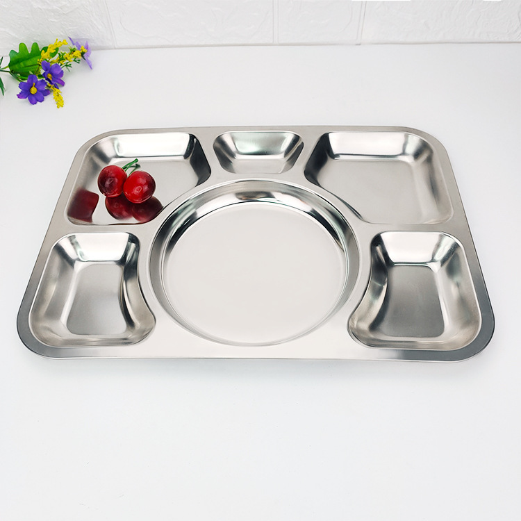Stainless Steel Fast Food Plate 6 Grid Plate Adult Canteen Restaurant Rectangular Metal Tray Cross-border Spot
