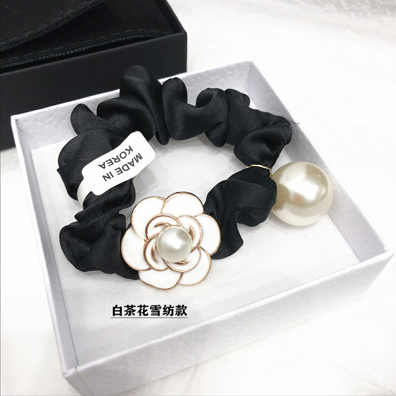 Estilo coreano gasa accesorios para el cabello elegante estilo francés estilo Chanel Camellia Perla intestino grueso banda para el cabello lazo de pelo cuerda banda de goma