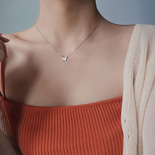 Ganjia S925 sterling silver white mother-of-pearl butterfly pendant necklace female trendy internet celebrity niche design choker clavicle chain