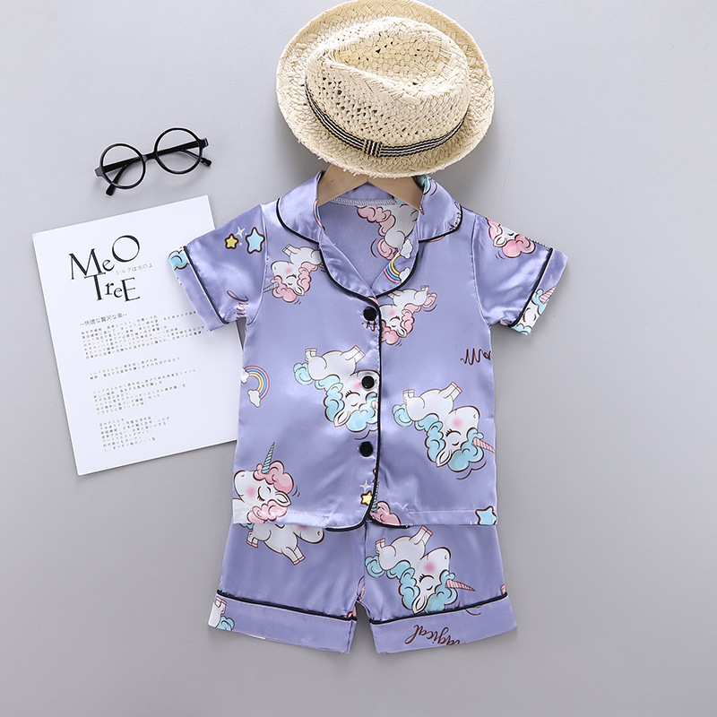 Summer New Korean Style Children's Pajamas Unicorn Print Ice Silk Casual Home Clothes Short-Sleeved Shorts Set Wholesale