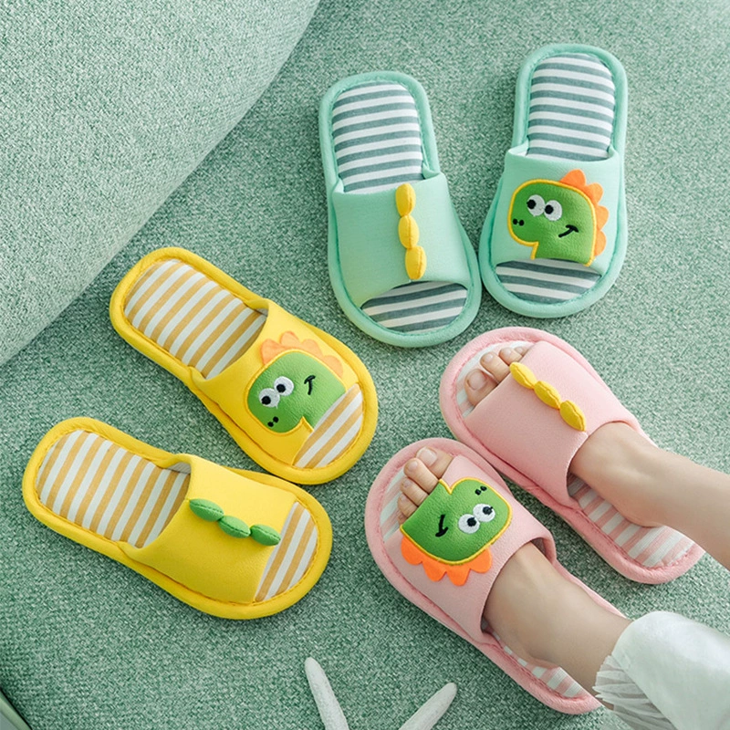 Детские льняные тапочки на весну и осень, милые тапочки с динозаврами для малышей, домашние тапочки для мальчиков и девочек, нескользящая мягкая подошва