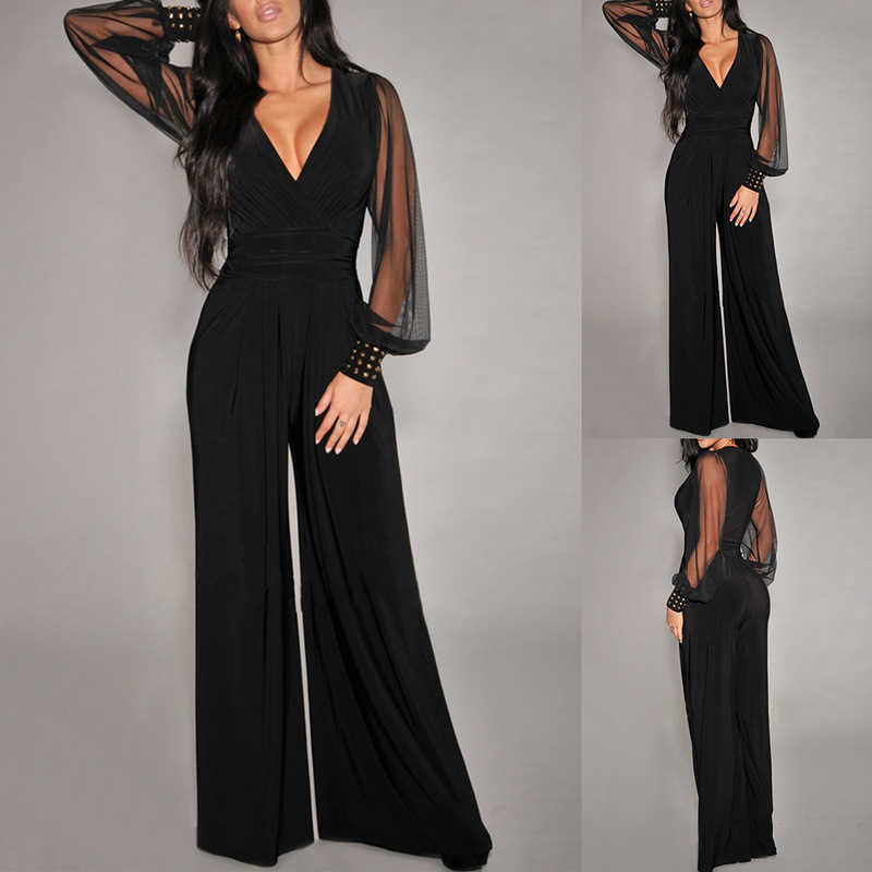 2025 Amazon Wish Aliexpress European and American Women's Clothing V-Neck Mesh Patchwork Studded Straight-Leg Jumpsuit in Stock 2025 Amazon Wish Aliexpress European and American Women's Clothing V-Neck Mesh Patchwork Studded Straight-Leg Jumpsuit in Stock