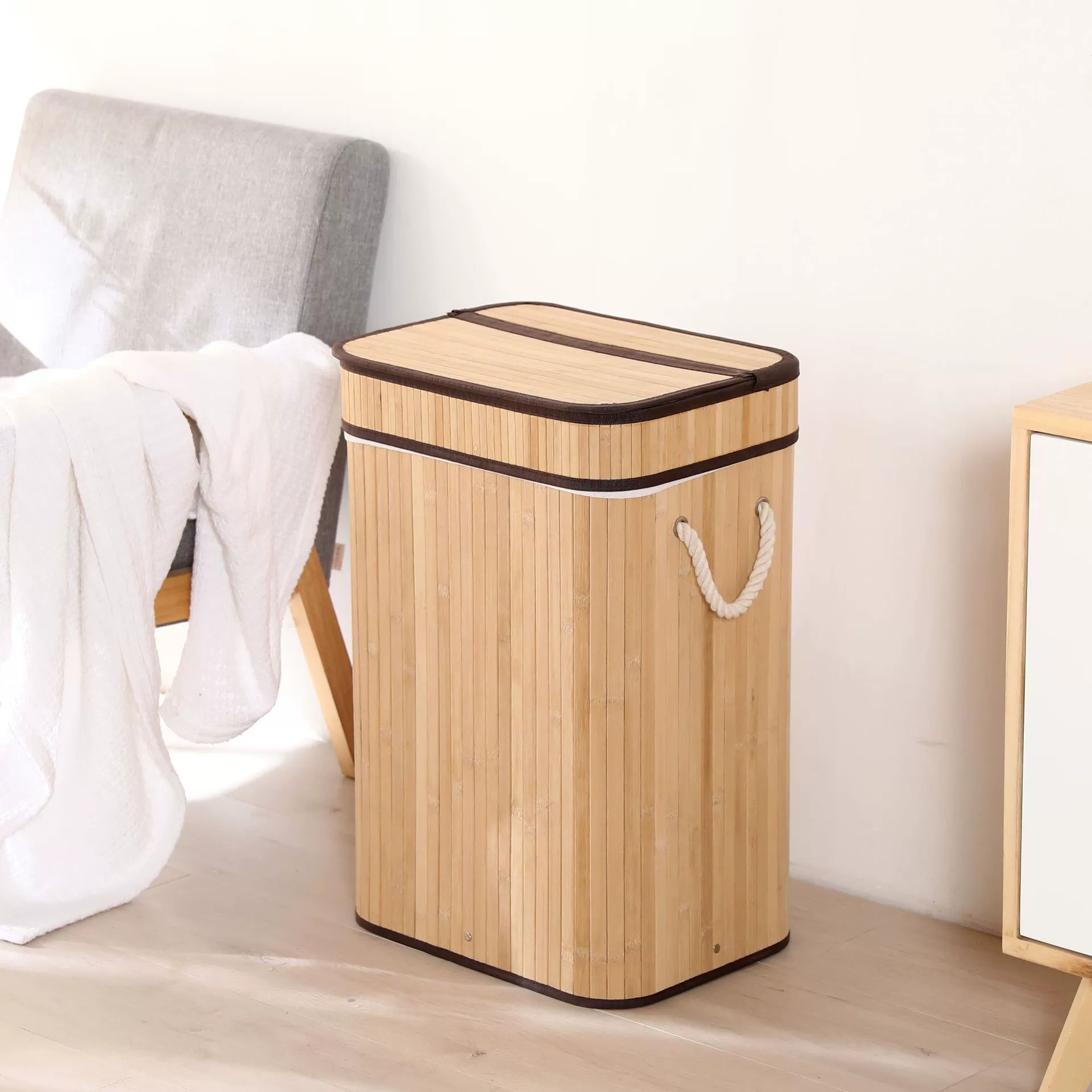 Foldable laundry basket, bamboo storage box 40×30×60 cm, large collapsible hamper