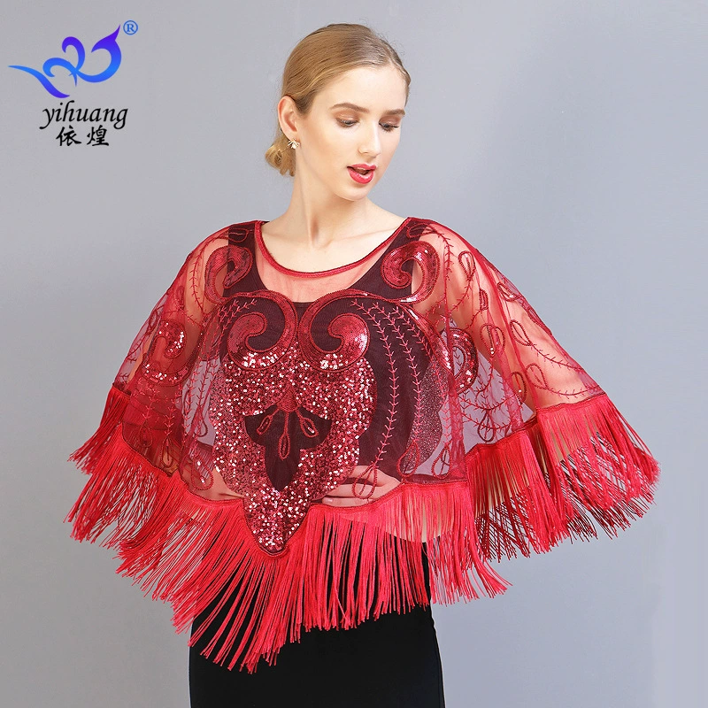 Европейский и американский блесток кисточкой мыс сетки шаль бальное платье кисточкой шаль пуловер сетки блесток блузка