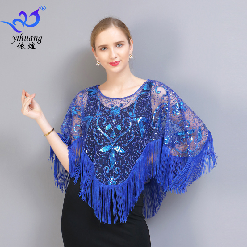 Large Size Hollow Out Mask Ball Tassel Irregular Shawl Pullover Sequins Poncho Mesh Cheongsam Dress Small Waistcoat