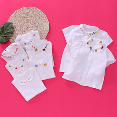 miki日系小清新童裝T恤 卡通刺繡熊兔娃娃領短袖襯衫襯衣一件代發