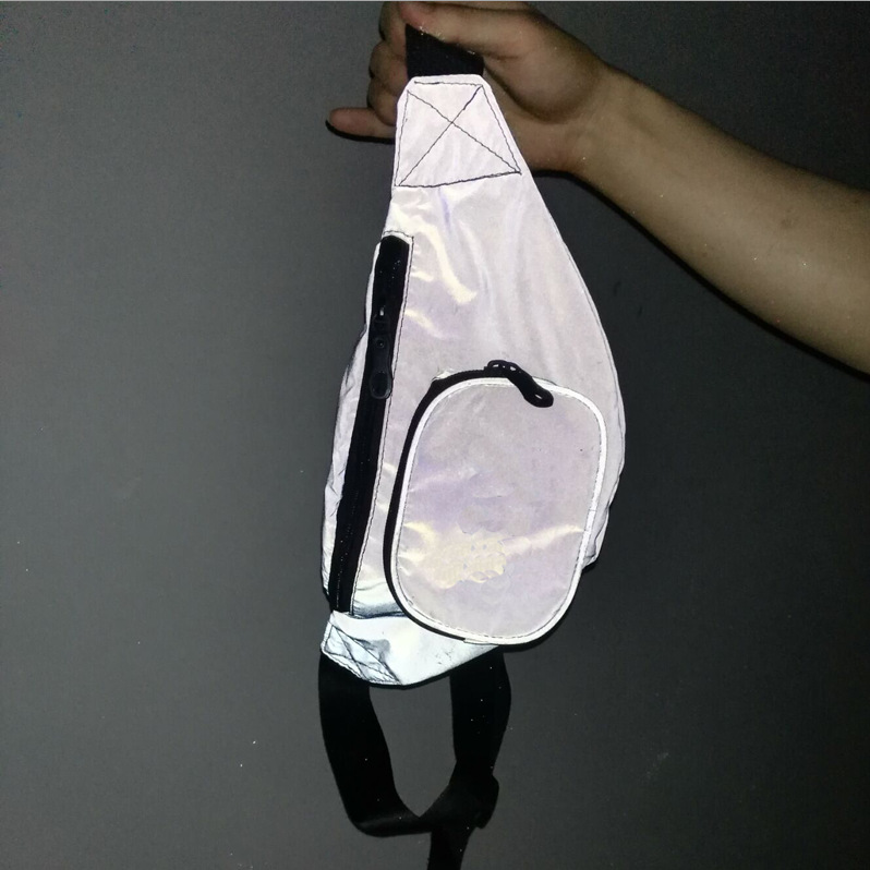 东莞厂家 高亮银灰色黑色反光腰包 七彩幻彩斜跨单肩运动胸包批发