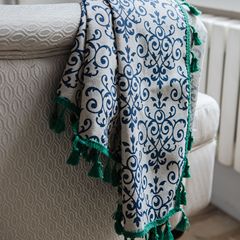 Yimanqiyun curtain finished blue and white porcelain printed green tassel Chinese style kitchen curtain without blackout
