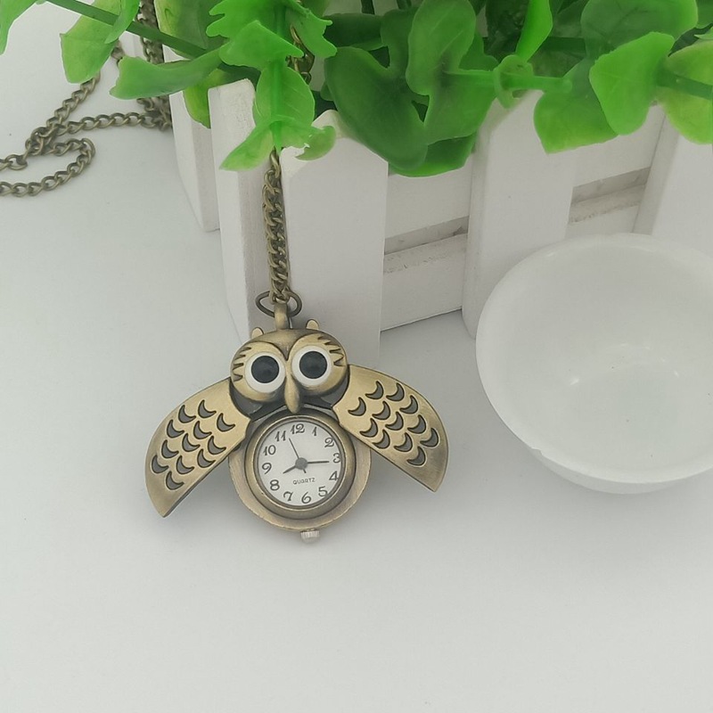 Factory Direct Sales Cartoon Bronze Retro Sliding Cover Owl Pocket Watch Necklace Sweater Chain Hanging Watch Pocket Watch 6101