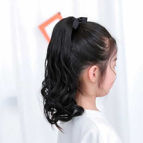 Kids' curly long hair ponytail wig ribbon-style baby wig curly ponytail children's wig ponytail curly