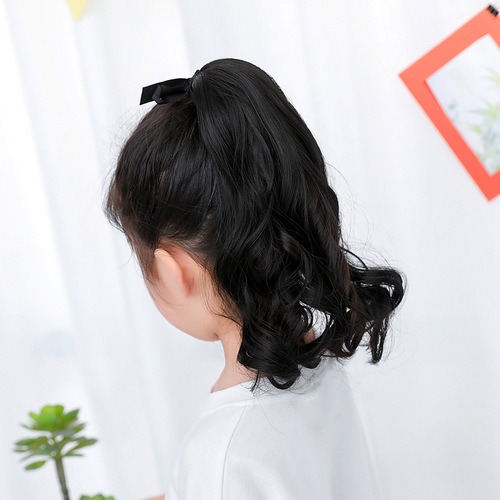 Kids' curly long hair ponytail wig ribbon-style baby wig curly ponytail children's wig ponytail curly