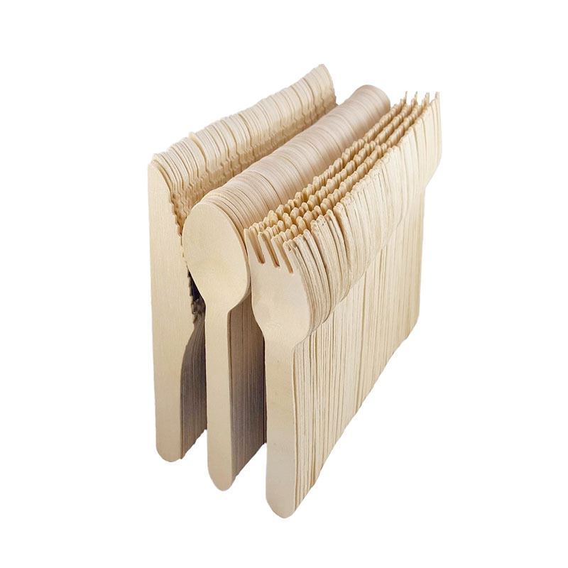 Juego de caja de papel desechable de madera de abedul de Amazon, cuchillo, tenedor y cuchara desechables de madera de abedul, artículos de cocina ecológicos y biodegradables.