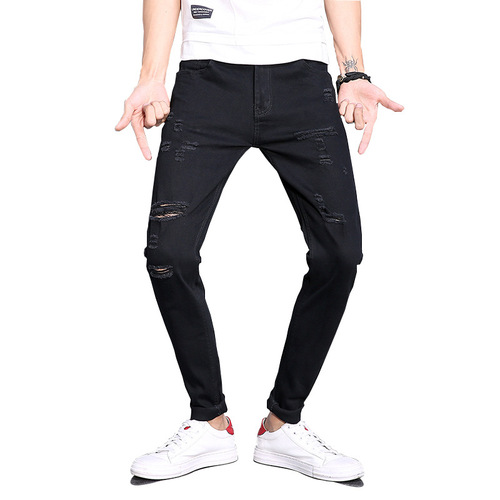 Men's casual pants four-season black and white cotton spring Korean trend broken hole slim-fitting jeans for men