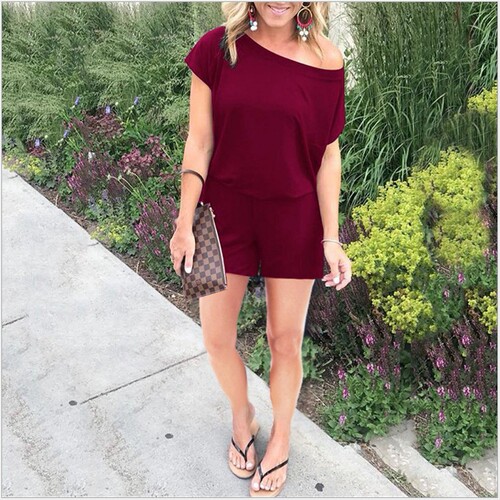 Hot-selling new products, 6-color spring and summer fashionable slanting shoulder short-sleeved pocket women's jumpsuit