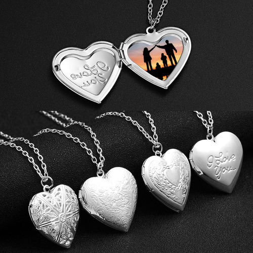 Factory direct sales new carving love peach heart can open photo frame photo box photo pendant necklace women's silver plated