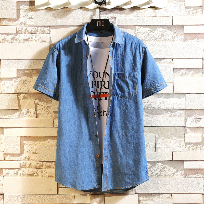 Summer Thin Short-sleeved Shirt Men's Denim Cotton Short-sleeved Shirt Light Blue Comfortable Breathable Youth Student Top Summer Thin Short-sleeved Shirt Men's Denim Cotton Short-sleeved Shirt Light Blue Comfortable Breathable Youth Student Top